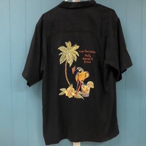 LUAU 100% silk Polly's Drink Parrot Embroidered‎ Shirt "Lose the Cracker" mens M